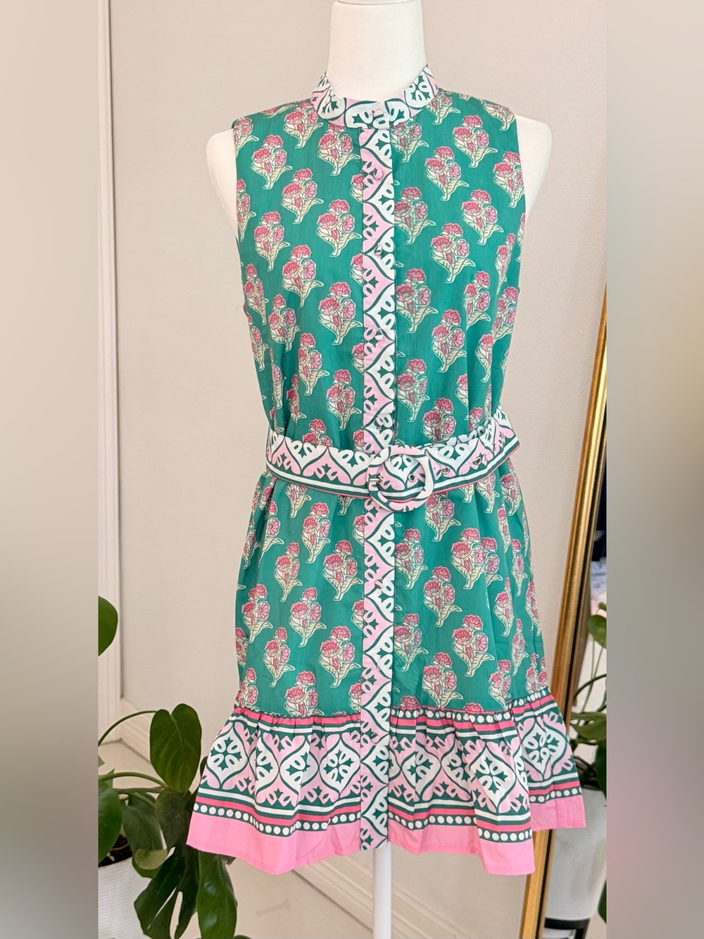 Floral Green Sleeveless Belted Dress